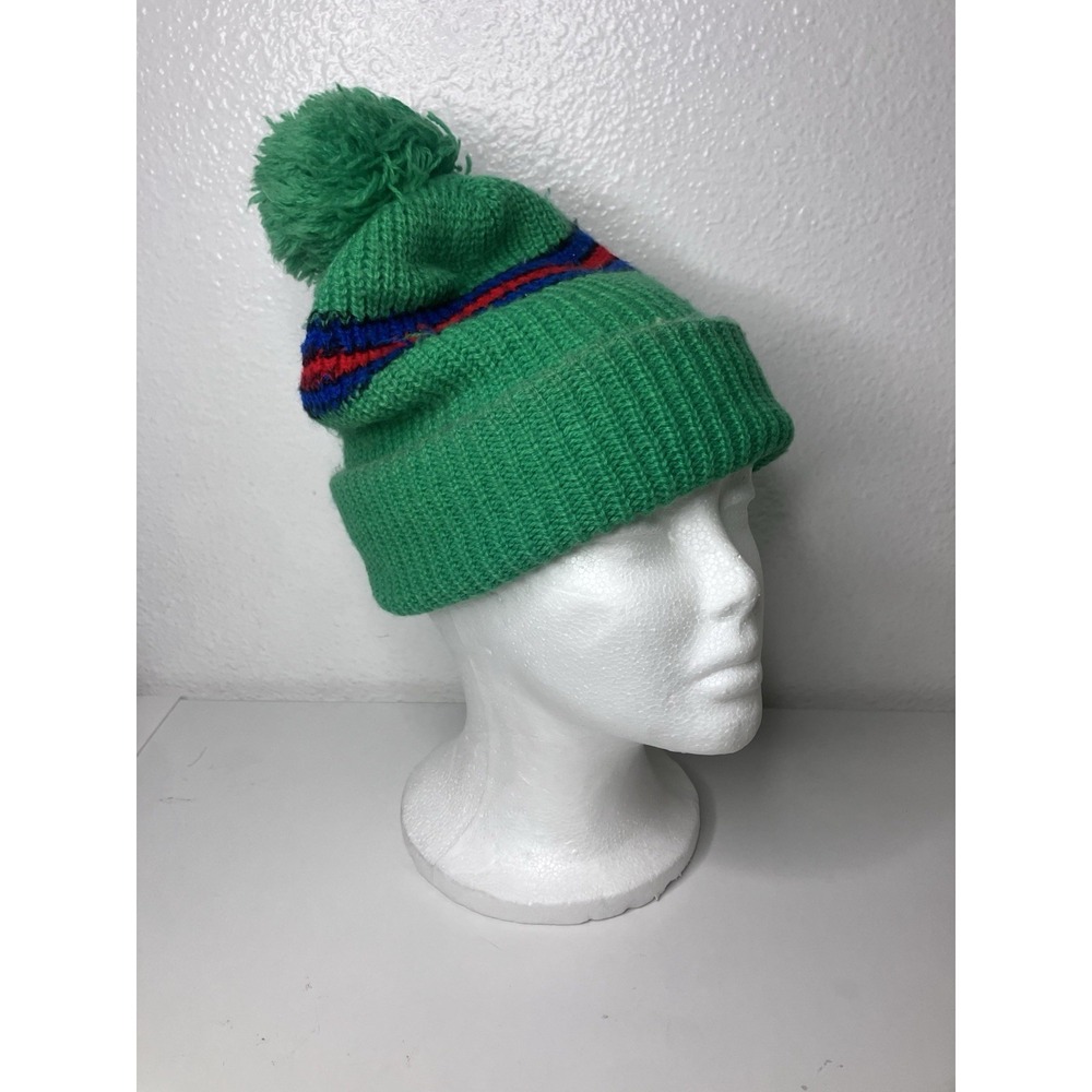 Vintage Ribbed Knit Beanie Kelly Green Winter Ski Hat Big Pom Pom Retro